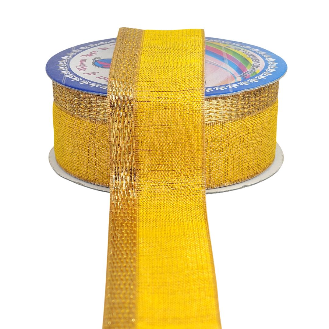 Spool of yellow mesh ribbon with a branded label on a white background